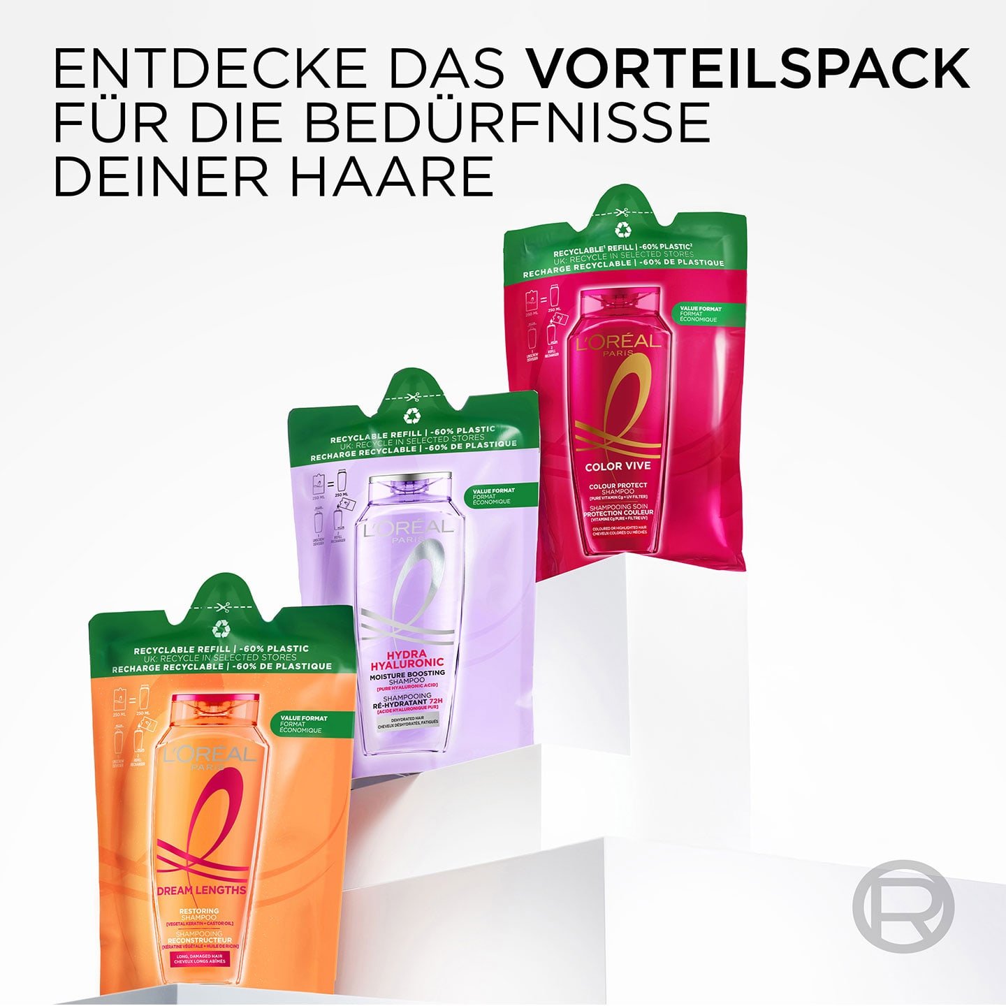 3 Elvital Shampoos im Nachfüllpack; darüber Text: Entdecke das Vorteilspack für die Bedürfnisse Deiner Haare